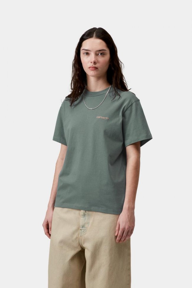 Carhartt S/S Script Embroidery T-Shirt - Velvet Green / Gentle Orange