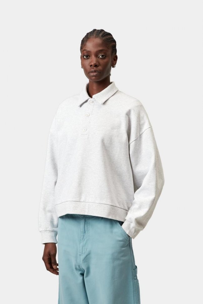 Carhartt Brenta Polo Sweatshirt - Ash Heather / White, Heavy stone wash