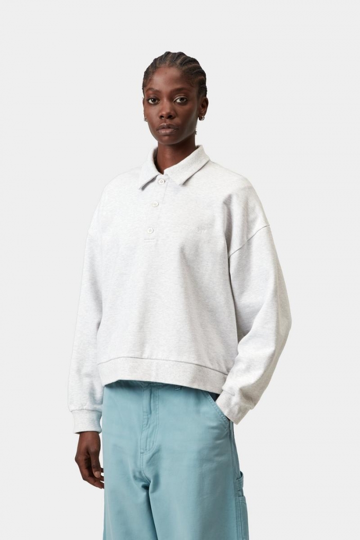 Carhartt Brenta Polo Sweatshirt - Ash Heather / White, Heavy stone wash