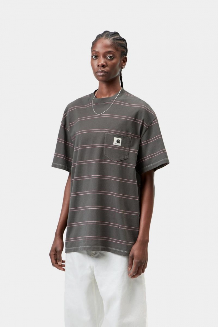 Carhartt S/S Bert Pocket T-Shirt - Bert Stripe, Graphite / Hortensia, Garment dyed