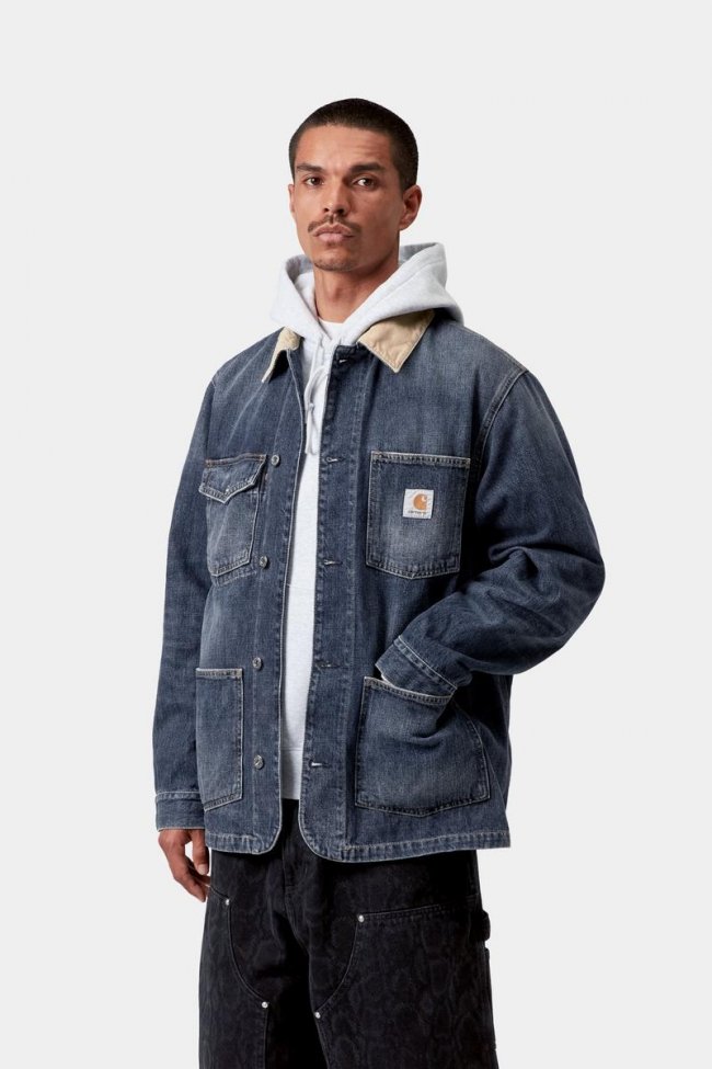 Carhartt Warren Chore Coat - Blue / Dusty H Brown, Dark used wash