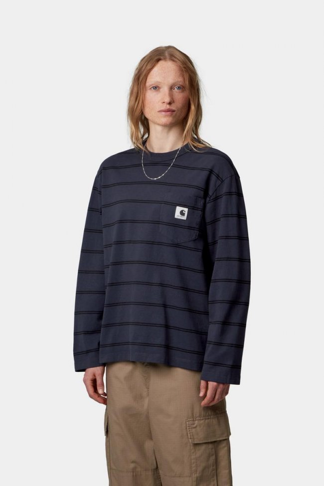 Carhartt L/S Cardona Pocket T-Shirt - Cardona Stripe, Natural / Dark Navy, Garment dyed
