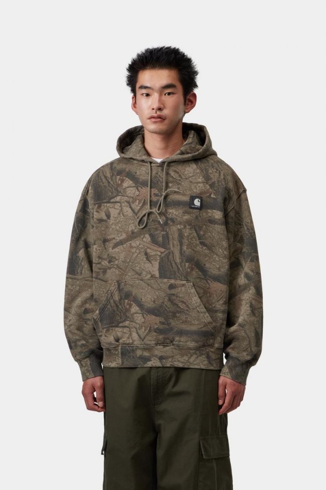 Carhartt Hooded Feather Tree Sweatshirt - Camo Feather Tree, Khaki / Shungite, Garment dyed