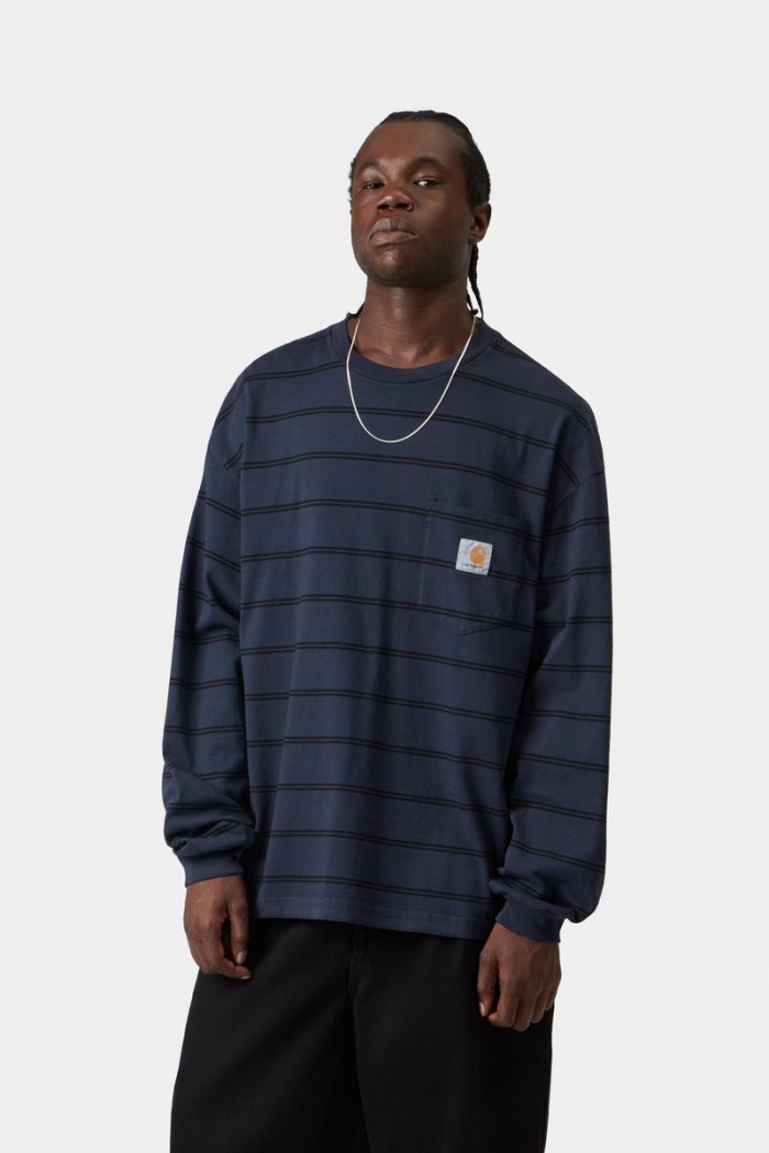 Carhartt L/S Cardona Pocket T-Shirt - Cardona Stripe, Natural / Dark Navy, Garment dyed