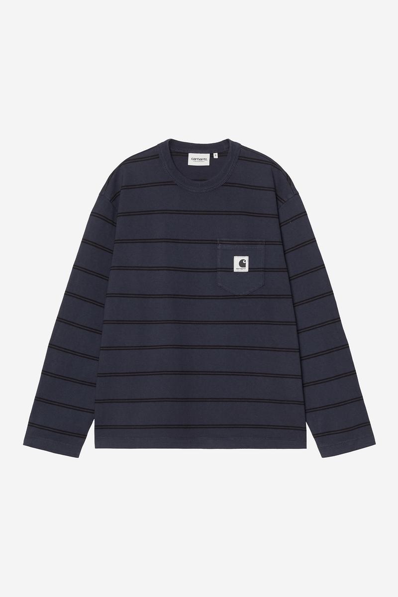 Carhartt L/S Cardona Pocket T-Shirt - Cardona Stripe, Natural / Dark Navy, Garment dyed