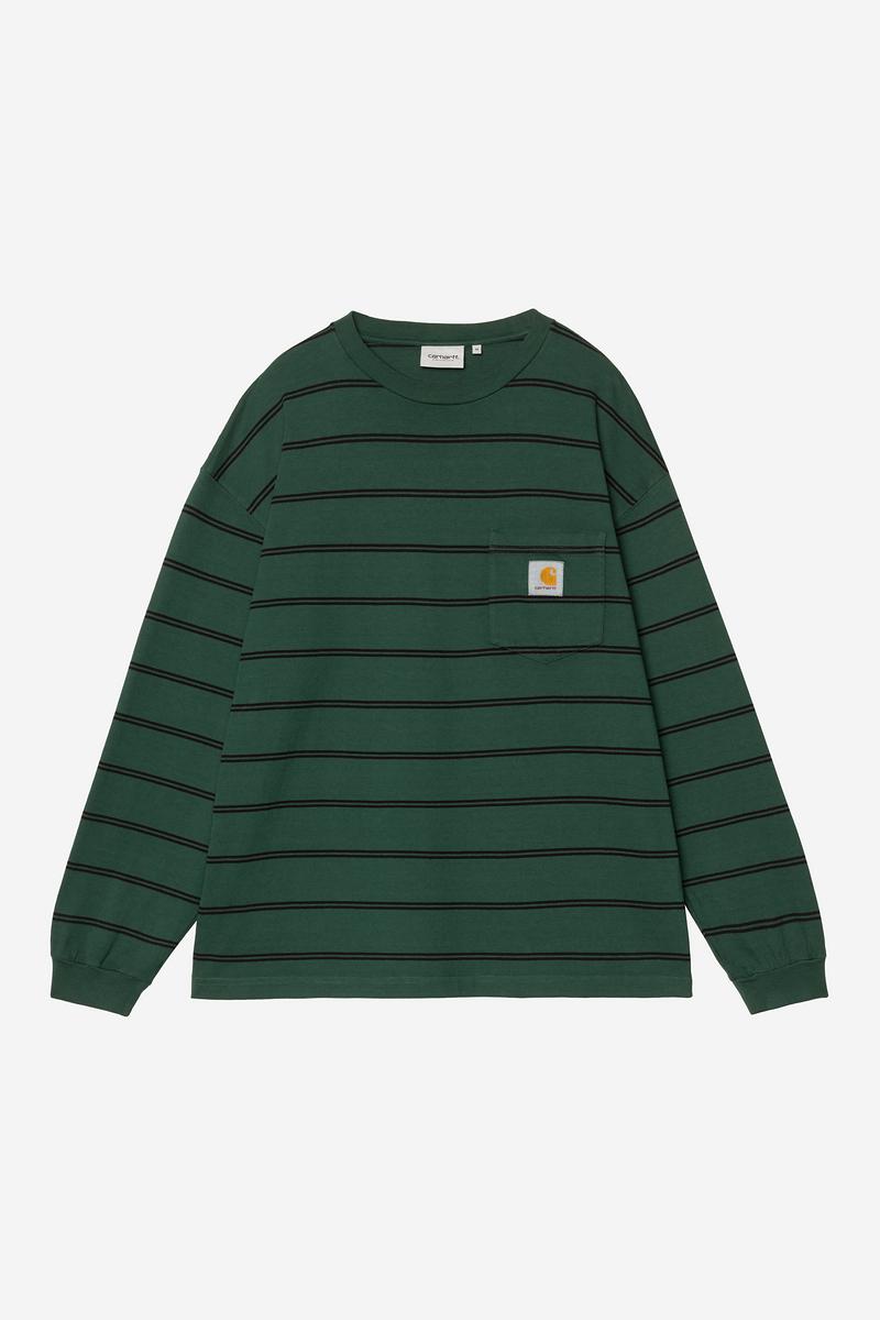 Carhartt L/S Cardona Pocket T-Shirt - Cardona Stripe, Natural / Dark Scarab, Garment dyed
